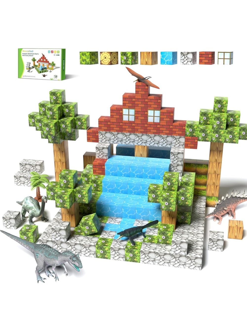 Block Building Playset with Waterfall and Trees - Blue, Green, Brown